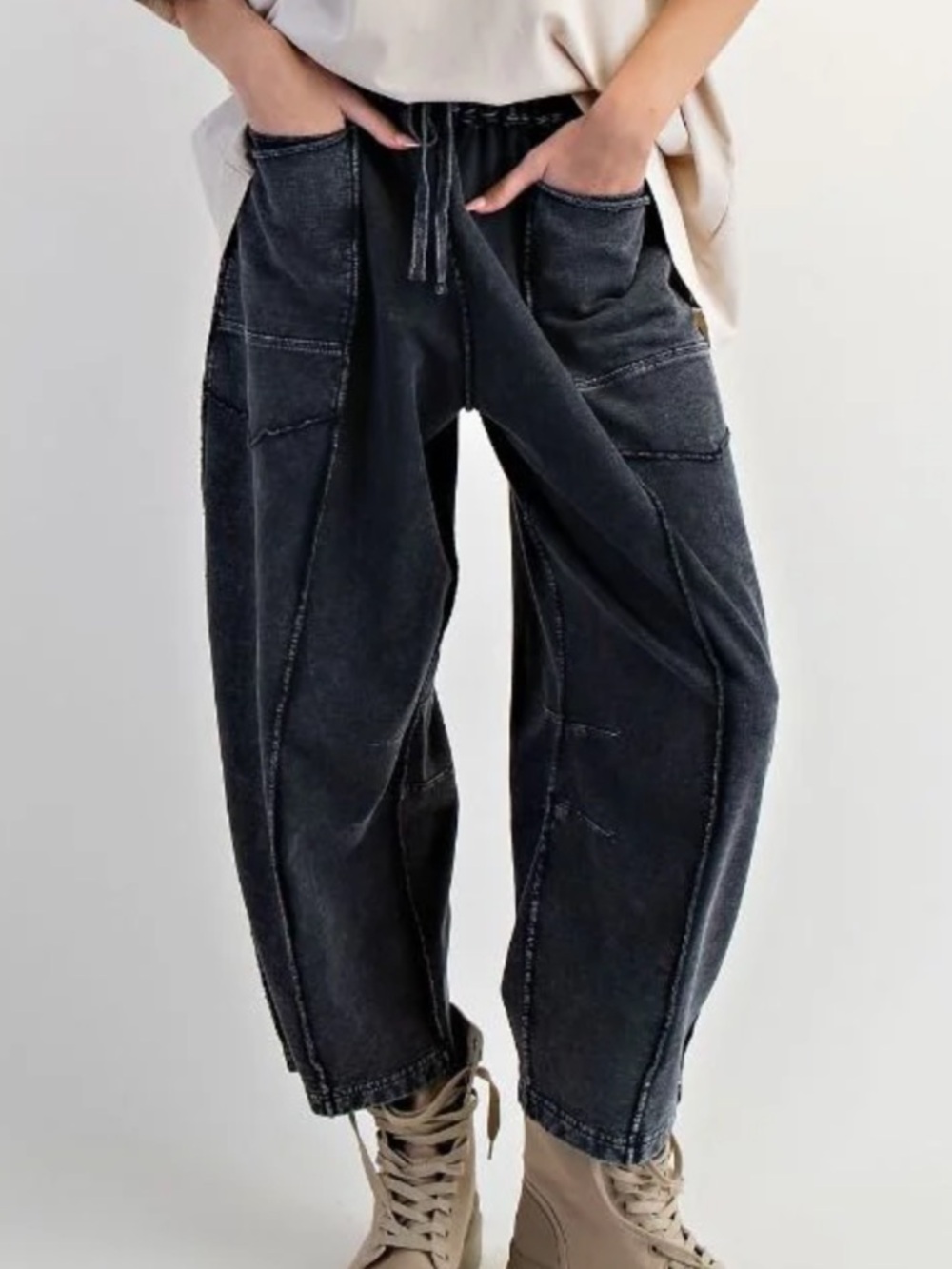 Easel Eryn Mineral Washed Terry Knit Barrel Leg Sweatpants Pants black gray SM